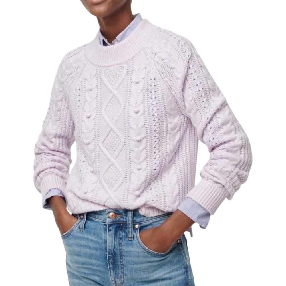 J. Crew Cable Knit Pom Pom Women's Lilac Azra Knit Lambswool Fisherman Sweater L - Picture 3 of 12
